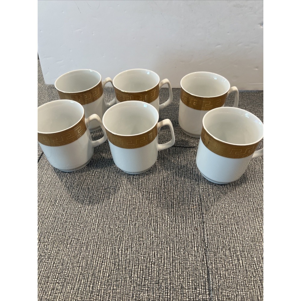 Rare Alpine Cuisine Fine German Porcelain Gold Greek Key 6 Mugs or Cups New